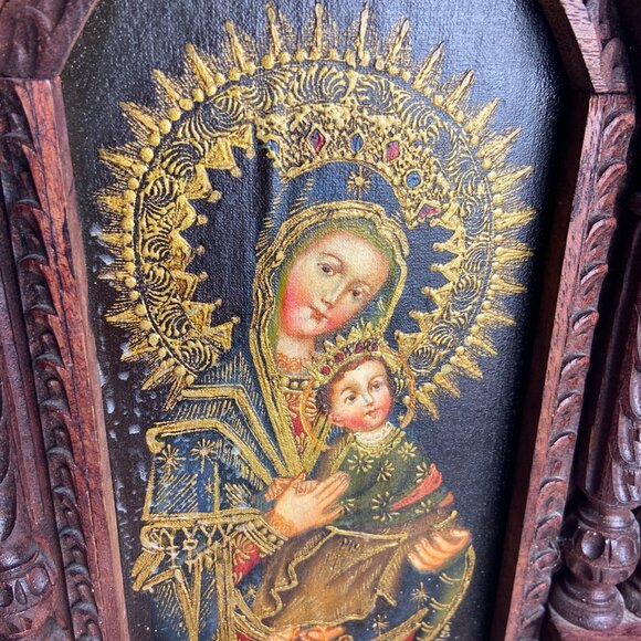 Vintage Religious Old Icona Virgin Mary & Baby Jesus Framed Picture - Picture 2 of 16